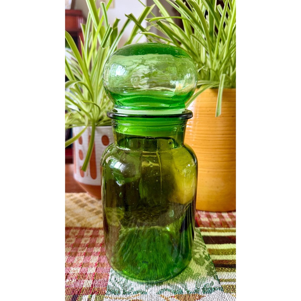 Vintage Emerald Green Glass Bubble Lid Storage Jar - 1970s Retro Apothecary